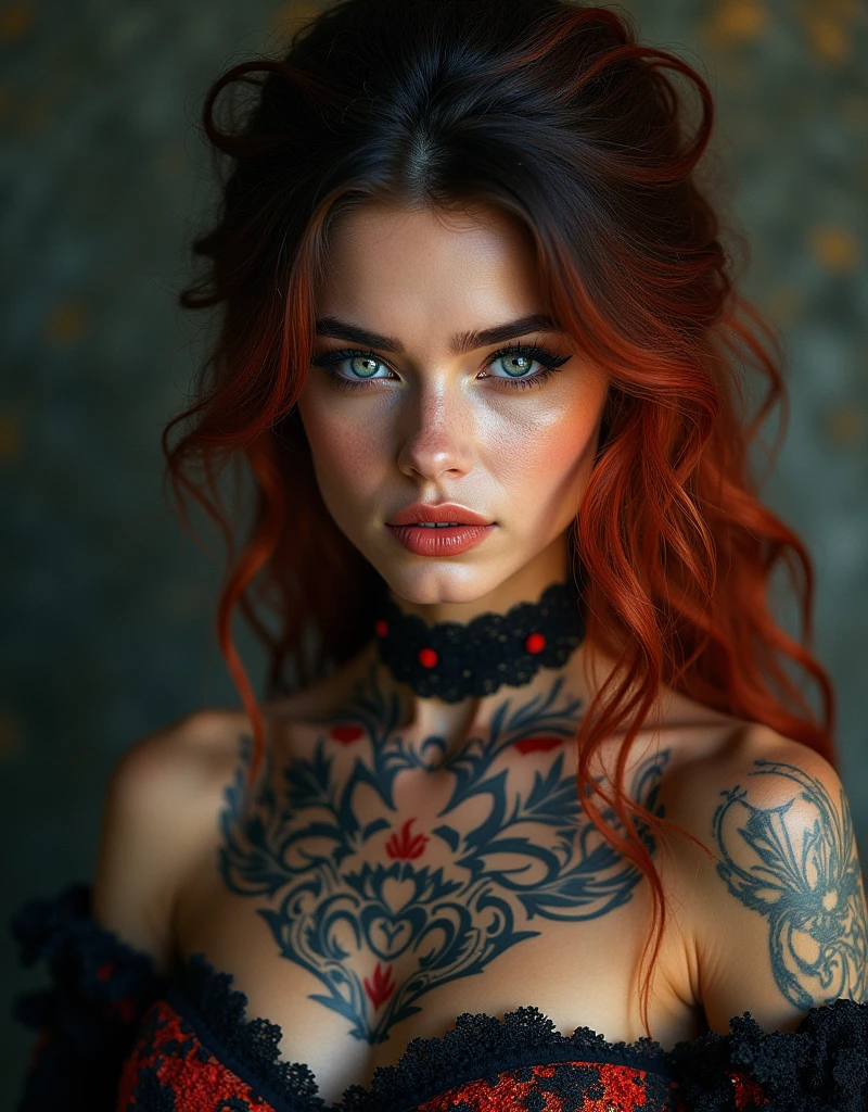 female beauty red head, posing in low-cutdress, make-up, amorous and lewd face, superlative body proportion, covered in tattoos, lingerie, shading effects, gradation magic effects, foggy filter effects, glitter effects, (ultra detailed, absolutely resolution, best quality:1.3), 2.5D, delicate and dynamic, artistic photography, hyper realistic, graphic CG digital art