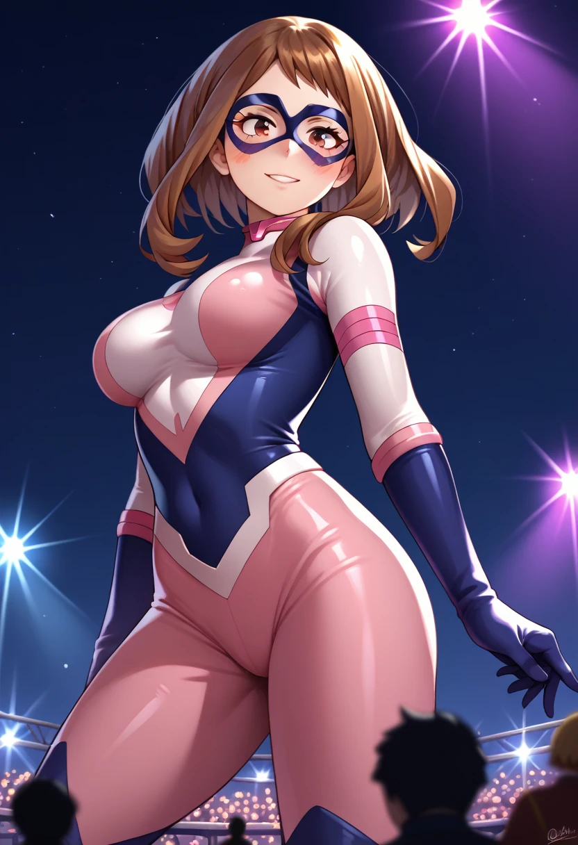 score_9_up, score_8_up, score_7_up,score_6_up, score_5_up, score_4_up , 1girl, solo, ochako uraraka, brown eyes, brown hair, short hair, blush, blush stickers, bodysuit, pink bodysuit, skin tight, superhero, mt_lady, red eyes, blonde hair, long hair, drill hair, domino mask, bodysuit, skintight, gloves, giantess, size difference, flirting, cowboy shot, stage lights, concert, stage