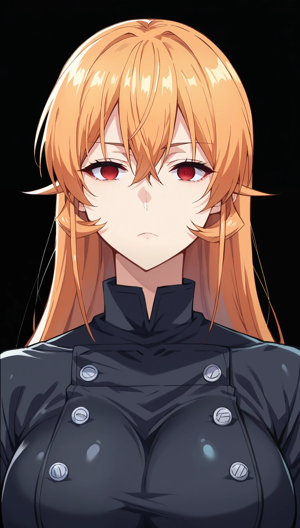 score_9, score_8_up, score_7_up, score_6_up, score_5_up, score_4_up, BREAK source_anime,1girl,erina nakiri, long hair, orange hair, hair between eyes,(Red eyes), glowing eyes,Huge breasts,((empty eyes)),Expressionless,(stand up), ((Black latex chef uniform)), cowboy shot, black background, simple background,