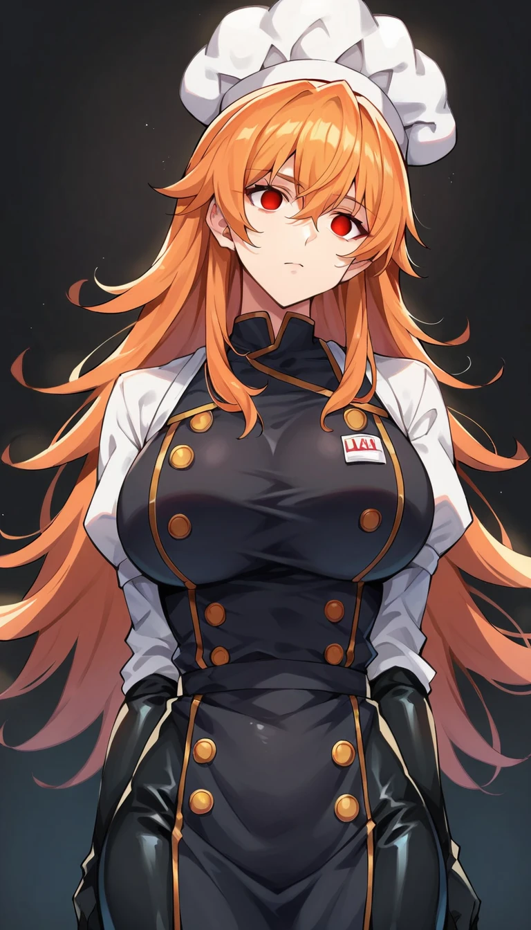 score_9, score_8_up, score_7_up, score_6_up, score_5_up, score_4_up, BREAK source_anime,1girl,erina nakiri, long hair, orange hair, hair between eyes,(Red eyes), glowing eyes,Huge breasts,((empty eyes)),Expressionless,(stand up), ((Black latex chef uniform)), cowboy shot, black background, simple background,