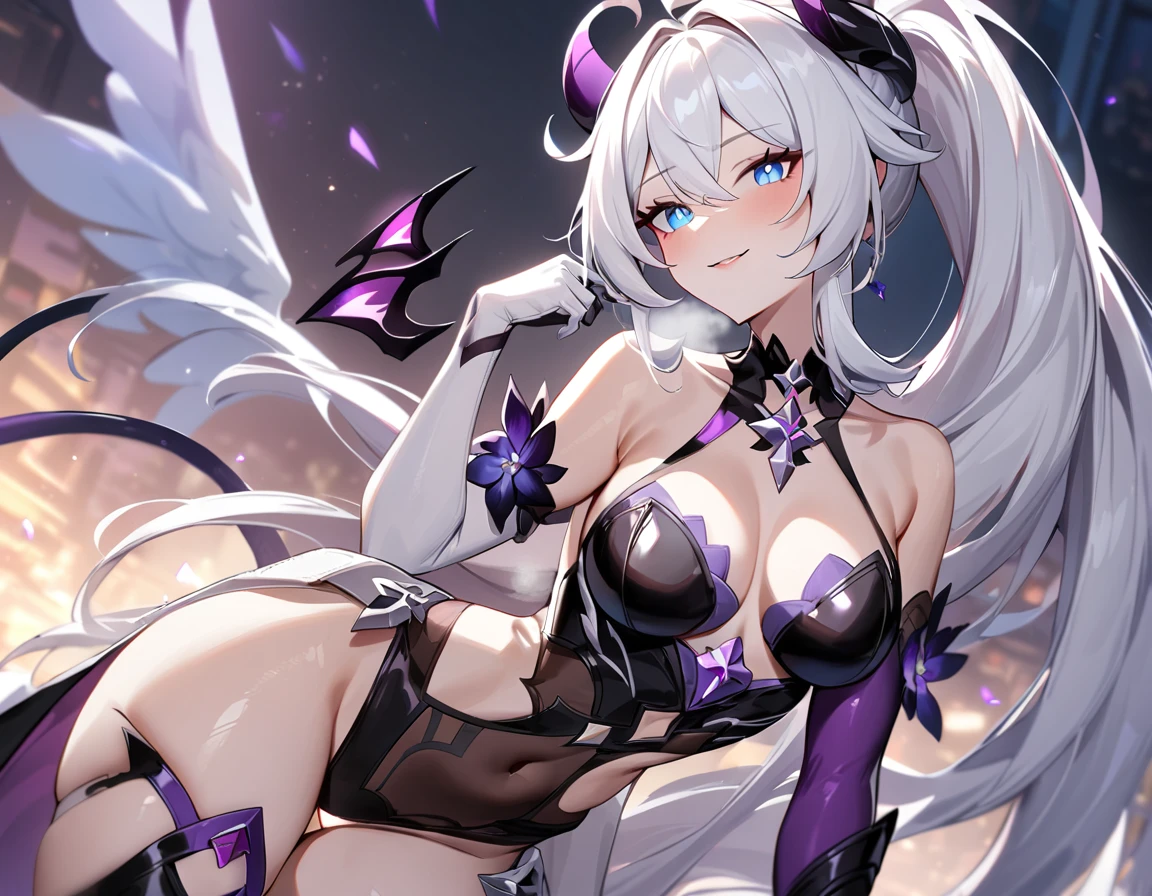 score_9, score_8_up, score_7_up, masterpiece, best quality, very aesthetic, absurdres, 1girl, adult grown woman, looking at view, kiana kaslana \(honkai impact 3rd\), herrscher of finality, white hair, ahoge, ponytail, very long hair, blue eyes, bright pupils, slit pupils, purple scales, medium breast, shiny skin, seductive smile, heavy breathing, bodysuit, armor, gloves, eyeliner, black painted nails, ram horns, curled horns, succubus tail, angel wings, phantom limb, ghost arm,