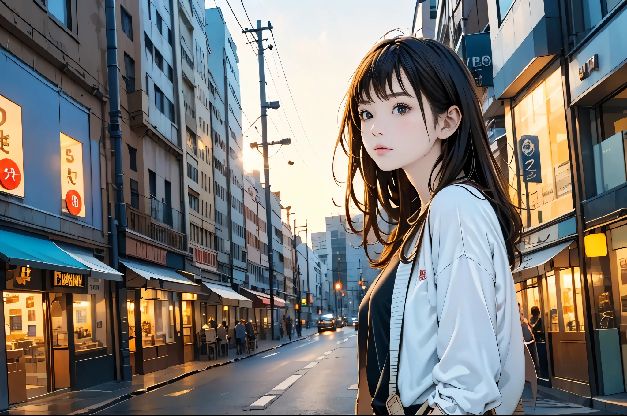 ((masterpiece, best quality, ultra-detailed, 8k, high resolution, extremely detailed CG )),Young beautiful woman leaning on a concrete wall, captured from below in a dramatic backlit angle, warm sunset glow surrounding her silhouette, high contrast , her long brown hair blown by the wind , a distant, lonely expression, cowboy shot , flat, hanako