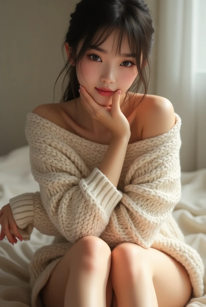 Tabletop, Highest quality, figure, Super detailed, In detail, High resolution, 8k wallpaper, Perfect dynamic composition, Beautiful attention to detail,((Off-the-shoulder clothing:1.5)),Medium Hair, D cup breasts、(slender), Natural color lip, Bold sexy pose,Reassuring smile,Harajuku、17-year-old girl、Kind older sister,((kind:1.2))、((Big sister feeling:1.2)), cute、sexy shot looking at camera,On the bed、nsfw