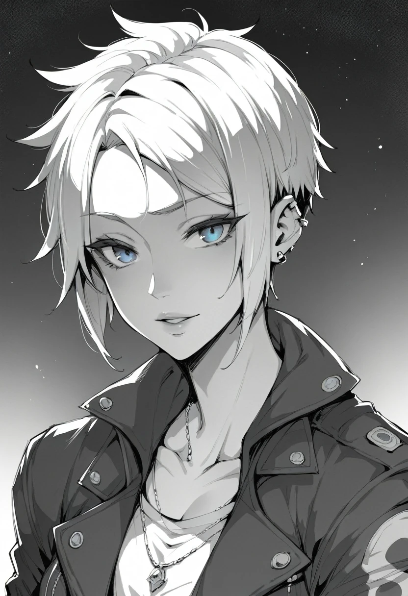 monochrome,A person,punk jacket,white hair, short hair,permanent, heavenly blue eyes ,An illustration,Night City