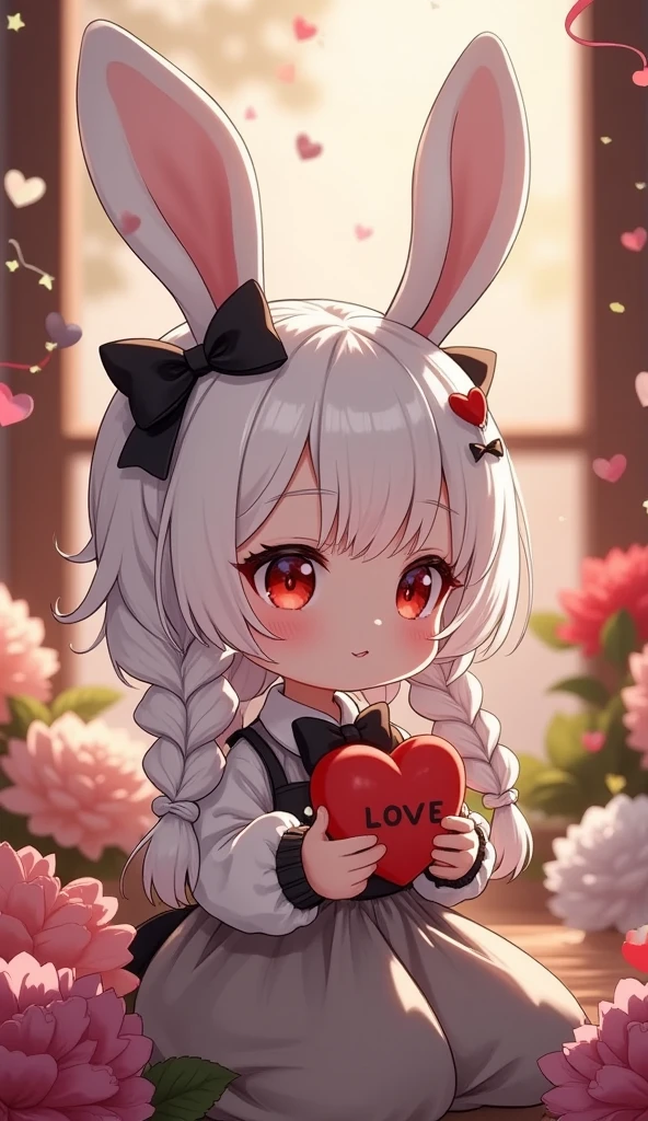  cute anime-style ********** \(red eyes, White rabbit ears , 光沢のある白いシルクin刺繍されたきれいな白いドレスを着ています,  lavishly braided long white hair ,  large black hair bows \)  but、「OWE YOU 3000 WITH LOVE」 I'm offering viewers a cute love letter with 。.  Girls are sama々 surrounded by all kinds of large colorful realistic flowers  . Lots of multicolored ,   metallic  ,  heart-shaped confetti shining in the air .  cute garland in the background  . 美しく温かみのある輝きbut優しく輝いています, creining a sweet and gentle mood.in 