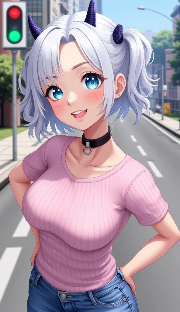 masterpiece, best quality, 1girl,petite,small breasts,short hair,white hair,sharp teeth,fangs,choker,blue eyes,heart shaped pupils,demon horns,blush,(outdoor,pavement,traffic light,road sign),looking at viewer