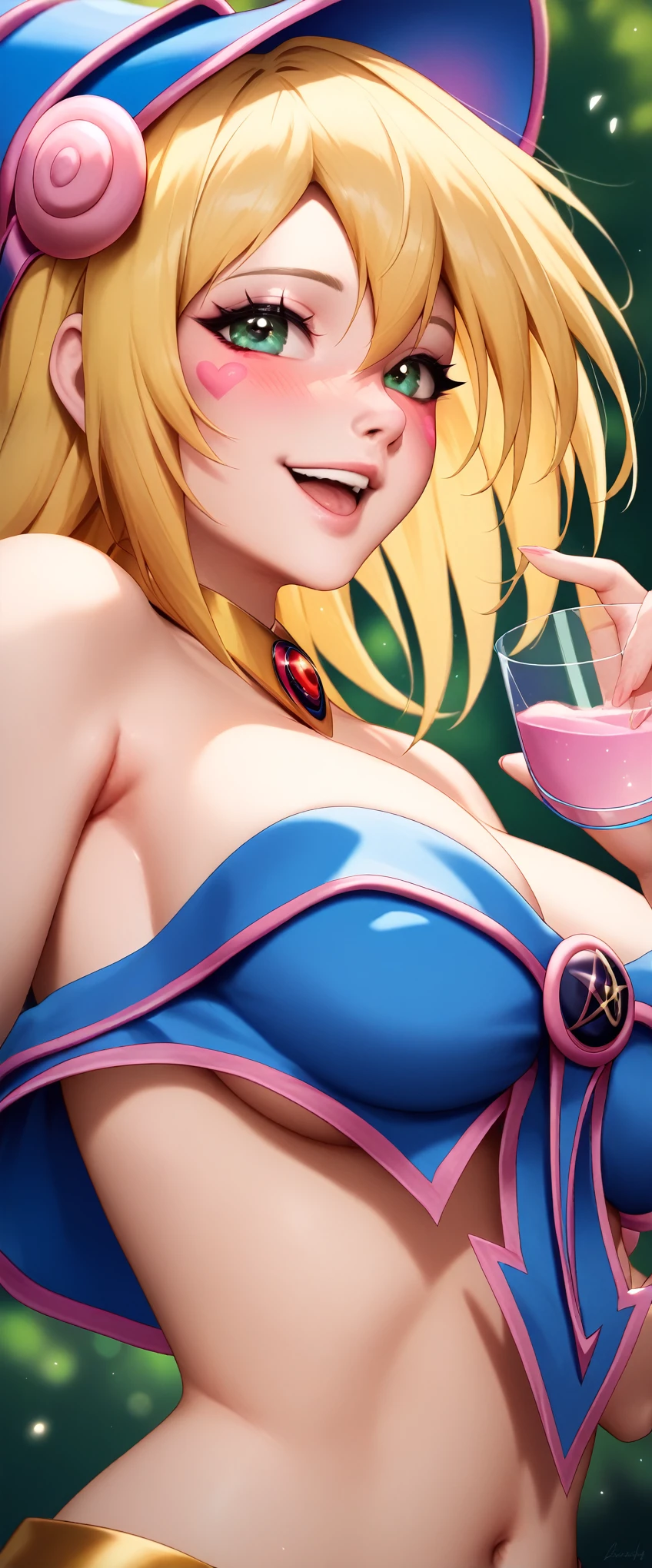 Dark Magician Girl NSFW, Glass Covered, Upper Body, Side Shot, Alternate Color, Masterpiece, Detailed Illustration, Realistic, Pixiv Top Quality, Exquisite, {{{Cute Dark Magician Girl 1}}}, Super Beauty Merging with machine, crafted shabby chic pattern, beautiful and shiny woman, half of my body is made of machine, transparent glass body, the machine inside is transparent, cinematic lighting, dynamic angle, dynamic pose, land of dragons, depth of field. Magic macaw at the bottom. Magic hearts showing your VOLUPTUOUS body, medium TITS, BEAUTIFUL, SENSUAL, BLUSHING from head to toe, WALK THROUGH a forest looking for adventure, smile sexy, blonde hair INTERACTING WITH green neon MAGIC
