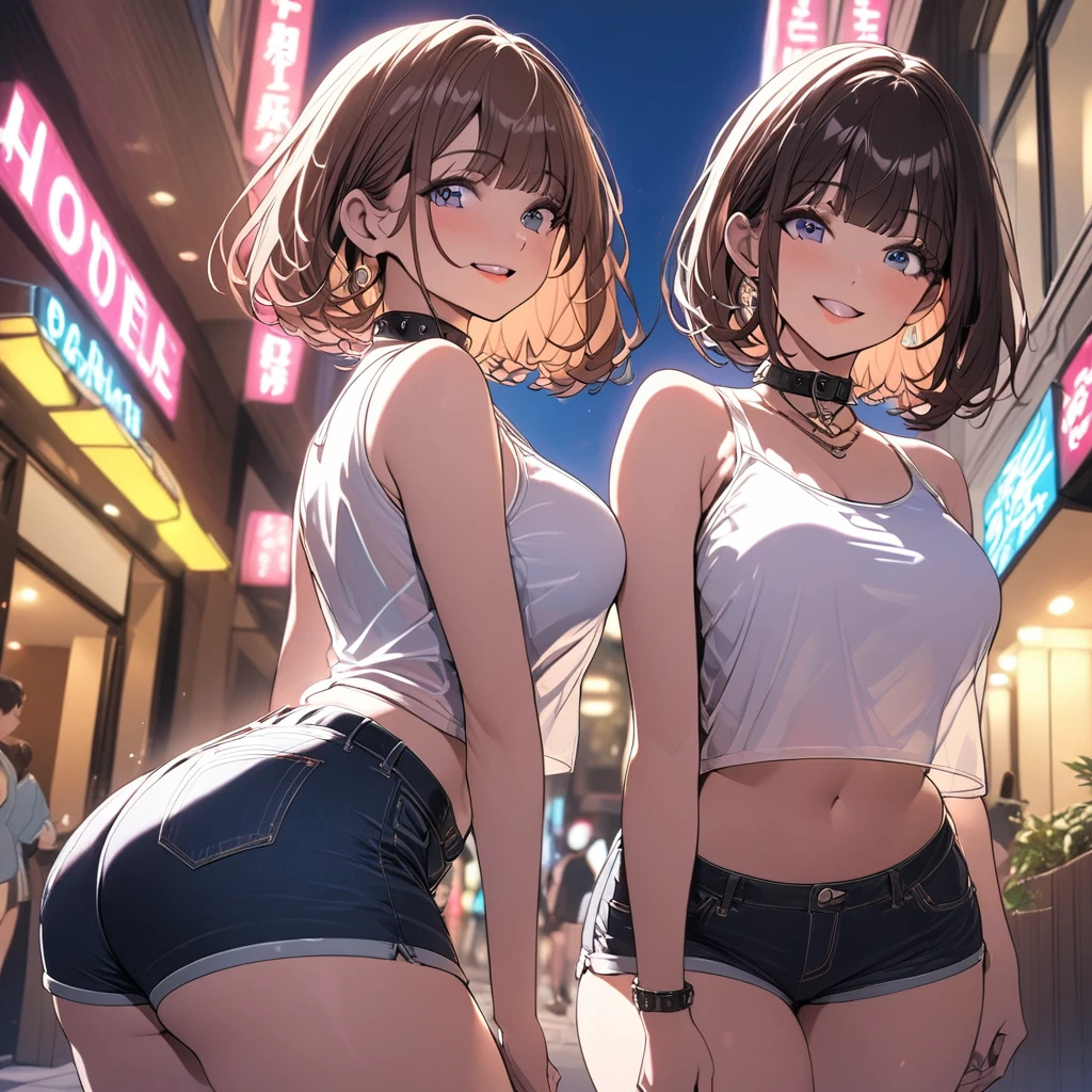 One college student, brown hair, bob cut, perfect body, big butt, big thighs, short denim shorts, white sleeveless shirt, black collar, knee-high socks, tilting their neck on the sidewalk in front of a hotel, smiling, standing with their mouths open, watching viewers from below 