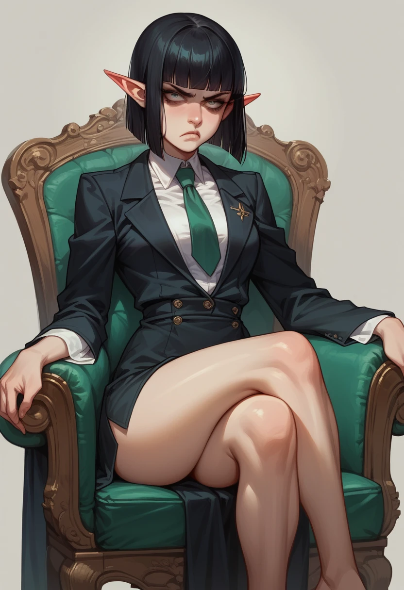 score_9_presence, score_8_up, score_7_up, score_6_up, score_5_up, score_4_up, BREAK, 1female elf sits on chair, legs crossed, tie suit, really narrow eyes, hime cut, short hair, black hair, scowl, strict face, wide upper body, thick hip, (simple background)
