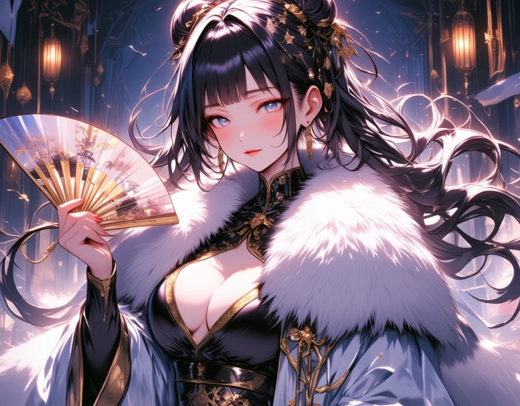 1woman, beautiful,  streaked hair, black hair, blunt bangs, bangs, double bun, braid, twin braids, topknot, lips, red, beautiful瞳, Long, narrow eyes, eyelash:1.2,  China dress ,  slit , fan:1.1, Big fox fur, Wear around the neck, Thighs, Charming, セクシーなThighs BREAK ((UHD, high details, best quality))