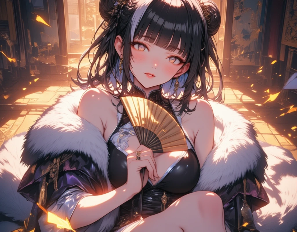 1woman, beautiful,  streaked hair, black hair, blunt bangs, bangs, double bun, braid, twin braids, topknot, lips, red, beautiful瞳, Long, narrow eyes, eyelash:1.2,  China dress ,  slit , fan:1.1, Big fox fur, Wear around the neck, Thighs, Charming, セクシーなThighs BREAK ((UHD, high details, best quality))