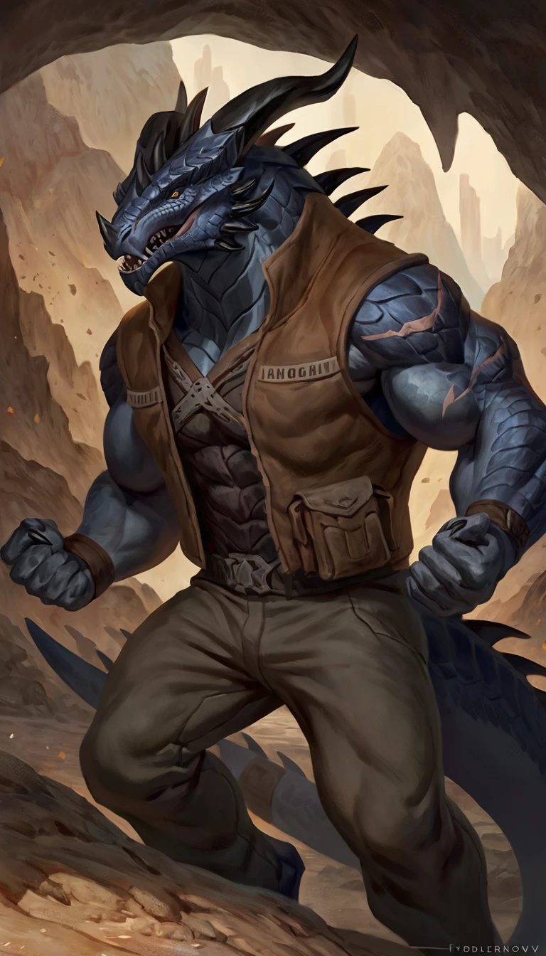 dragon like anthro lizard, hands behind back, anthro dragon, solo, scaly, detailed scales, experienced predator, dragonic, monster, mercenary, open mouth, black scaly body, matte body, toned, muscular anthro, big muscles, big horns, wearing vest and pants, detailed scales, scars on body, 1male solo, anthro, muscular, thick neck, thick tail, marked jaw, comicbook style, underground cave city background, darkness, horror, best quality, 4k, ultra-detailed, by laobai, by taran fiddler, by honovy