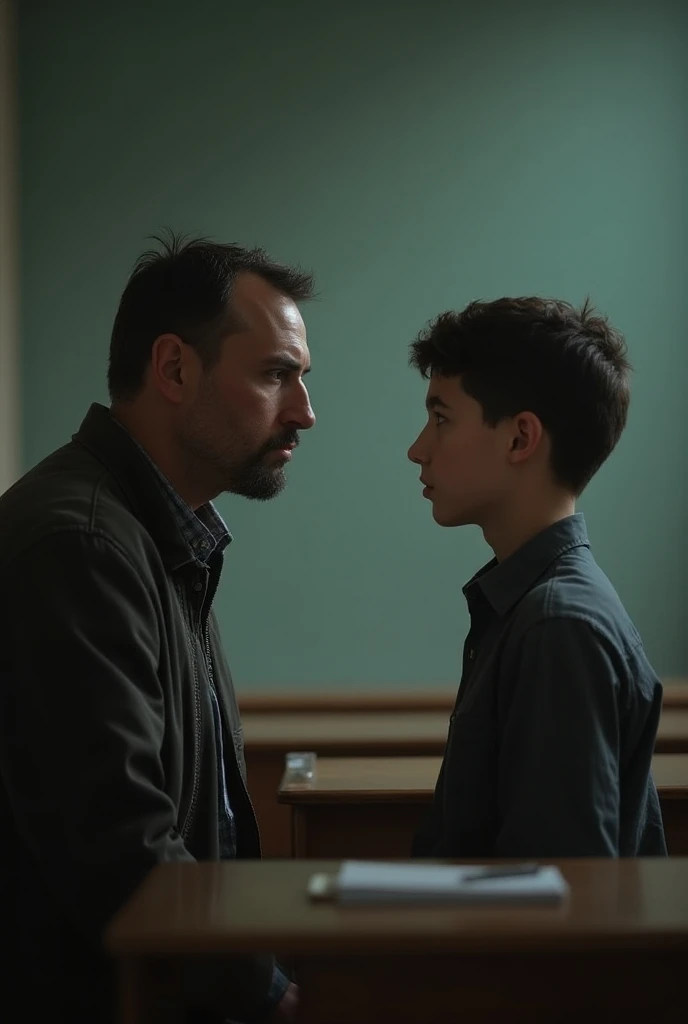 Serious father fixing his sad teenage son&#39;s tie
