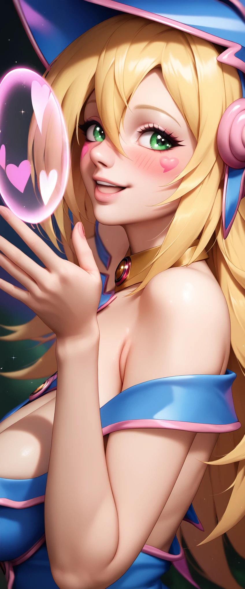 Dark Magician Girl NSFW, Glass Covered, Upper Body, Side Shot, Alternate Color, Masterpiece, Detailed Illustration, Realistic, Pixiv Top Quality, Exquisite, {{{Cute Dark Magician Girl 1}}}, Super Beauty Merging with machine, crafted shabby chic pattern, beautiful and shiny woman, half of my body is made of machine, transparent glass body, the machine inside is transparent, cinematic lighting, dynamic angle, dynamic pose, land of dragons, depth of field. Magic macaw at the bottom. Magic hearts showing your VOLUPTUOUS body, medium TITS, BEAUTIFUL, SENSUAL, BLUSHING from head to toe, WALK THROUGH a forest looking for adventure, smile sexy, blonde hair INTERACTING WITH green neon MAGIC
