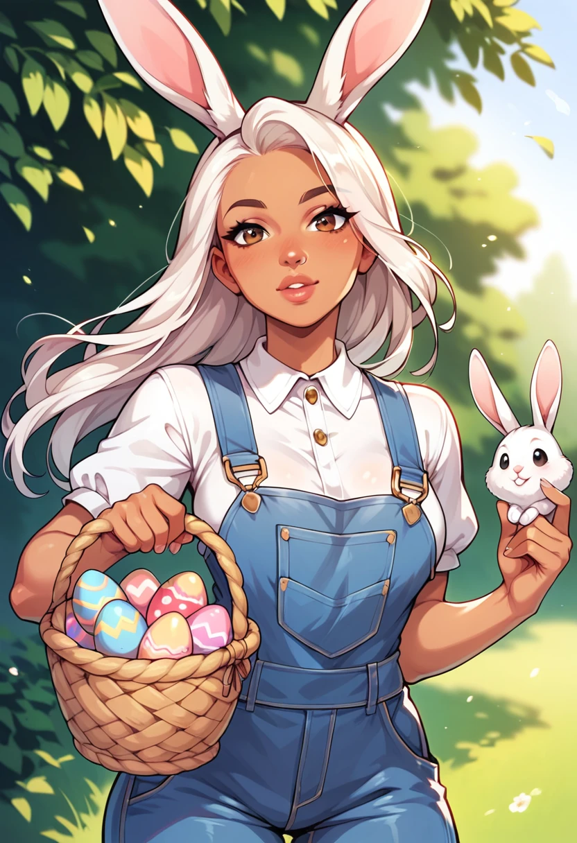 masterpiece,  best quality ,  centered on the frame  , portrait, bunny,  tanned skin , to hide, lips full of pink,  white hair rabbit nose , Mustaches,  white bunny ears, overalls, , Easter, holding basket, beautiful