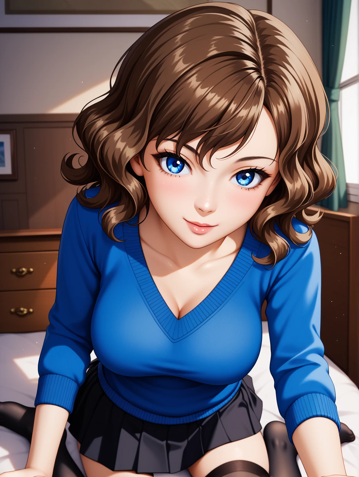 {{Artist: Sincos}} 1 girl, brown hair, short hair, wavy hair, straight hair, blue eyes, blue sweater, black skirt, black thighhighs, pov, looking at viewer.
