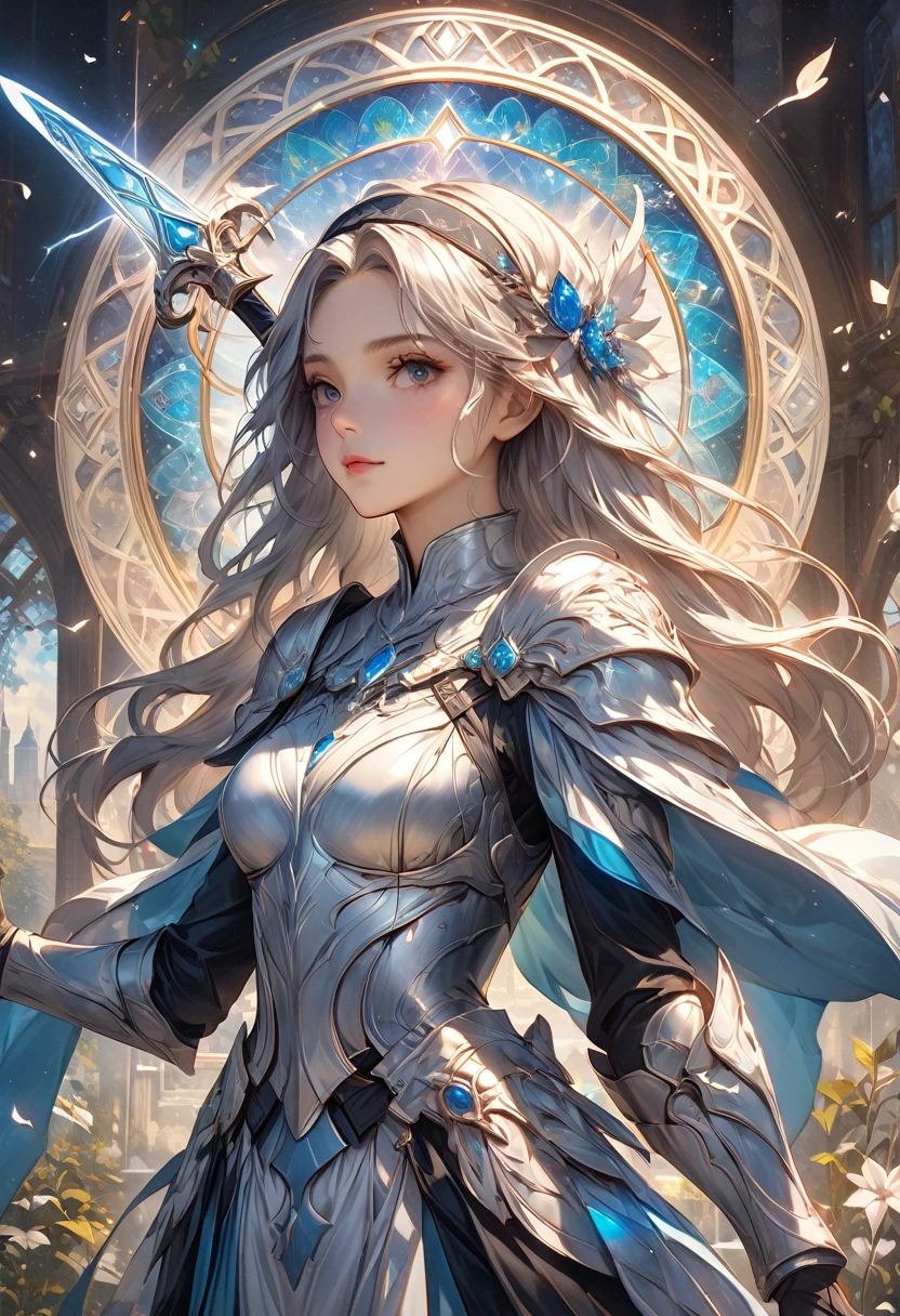 8K resolution, masterpiece, Highest quality, Award-winning works, unrealistic, sole sexy lady, healthy shaped body, 25 years old, white wavy long hair, hair band, big firm bouncing bust, ancient roman military commander's armor, Pure white armor with a complex structure, royal coat of arms, Hold up Excalibur with both hands, elegant, Very detailed, Digital Painting, artステーション, コンセプトart, Smooth, Sharp focus, shape, artジャム、Greg Rutkowski、Alphonse Mucha、William Adolphe Bouguereau、art：Stephanie Law , Magnificent royal background, Royal Jewel, nature, Full Shot, Symmetric, Greg Rutkowski, Charlie Bowwater, beep, Unreal 5, Surreal, Dynamic Lighting, ファンタジーart, Complex colors, Colorful magic circle, flash,  dynamic sexy poses