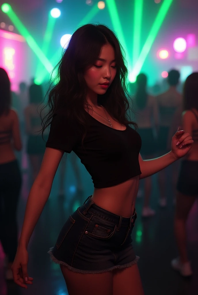 closeup Selfie shot of an attractive libanese egirl woman lauging with other girls, kardashian face, with lightbrown skin, natural, no make up, natural imperfections, sunglasses, black hair, black jeans and deasigner tshirt, at dubai disco at night, taken using a Canon EOS R camera with a 50mm f/1.8 lens, f/2.2 aperture, shutter speed 1/200s, ISO 100 and natural light, Full Body, Realistic Photography, Hyperdetail, Ultrahd, Color Correction, ultrahd, hdr, color grading - no lamp no bad hands
