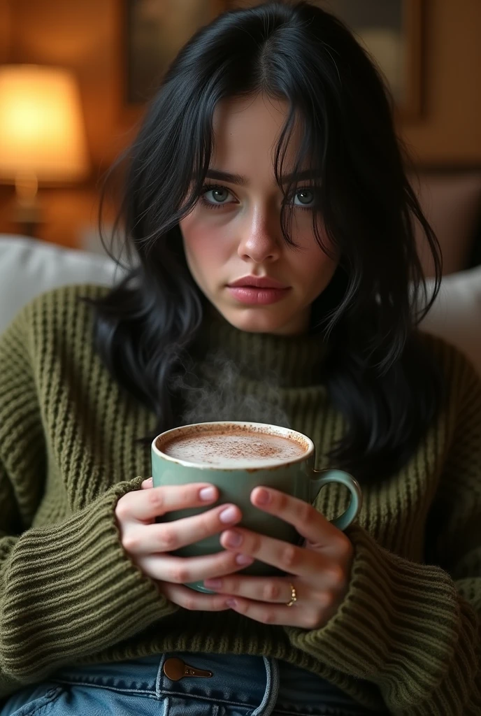 1girl, Solo, Billie Eilish, Breasts, Blue eyes, Depth Of Field, Masterpiece, Best Quality, High Resolution, Super Detailed, Textured Skin, UHD, Large breasts, Full breasts, Naughty Face, Naughty, Cinematic Lighting, 8K Octane, Cinematic, Cinematography, Hyperdetailed, Photorealistic, Portrait Photography, olive green oversized comfy sweater, Looking at viewer, sitting on sofa, holding cup of hot chocolate, blowing steam coming from cup,