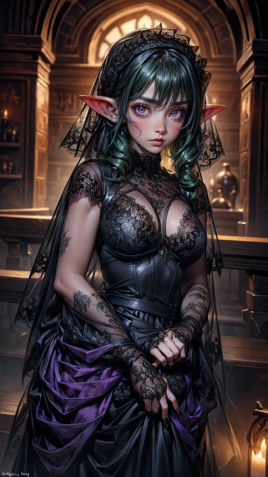 ((best quality)), ((masterpiece)), (detailed), 4k dark gothic horror style, Halloween style, very small goblin girl, green skin, pointy ears, busty, short purple hair with black streaks pixie hairstyle, bright red eyes, in a dark gothic castle, cinematic dark lighting, stark lighting, dim, black see-through panties, slight seductive smile, looking at viewer, wearing black lace veil