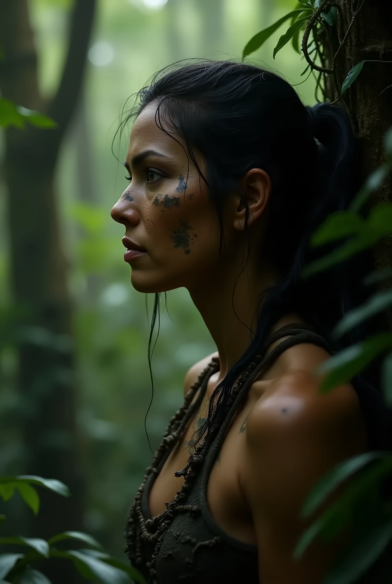 Le visage d’une femme guerrière de profil dans un environnement de jungle avec des trace de boue sur le visage