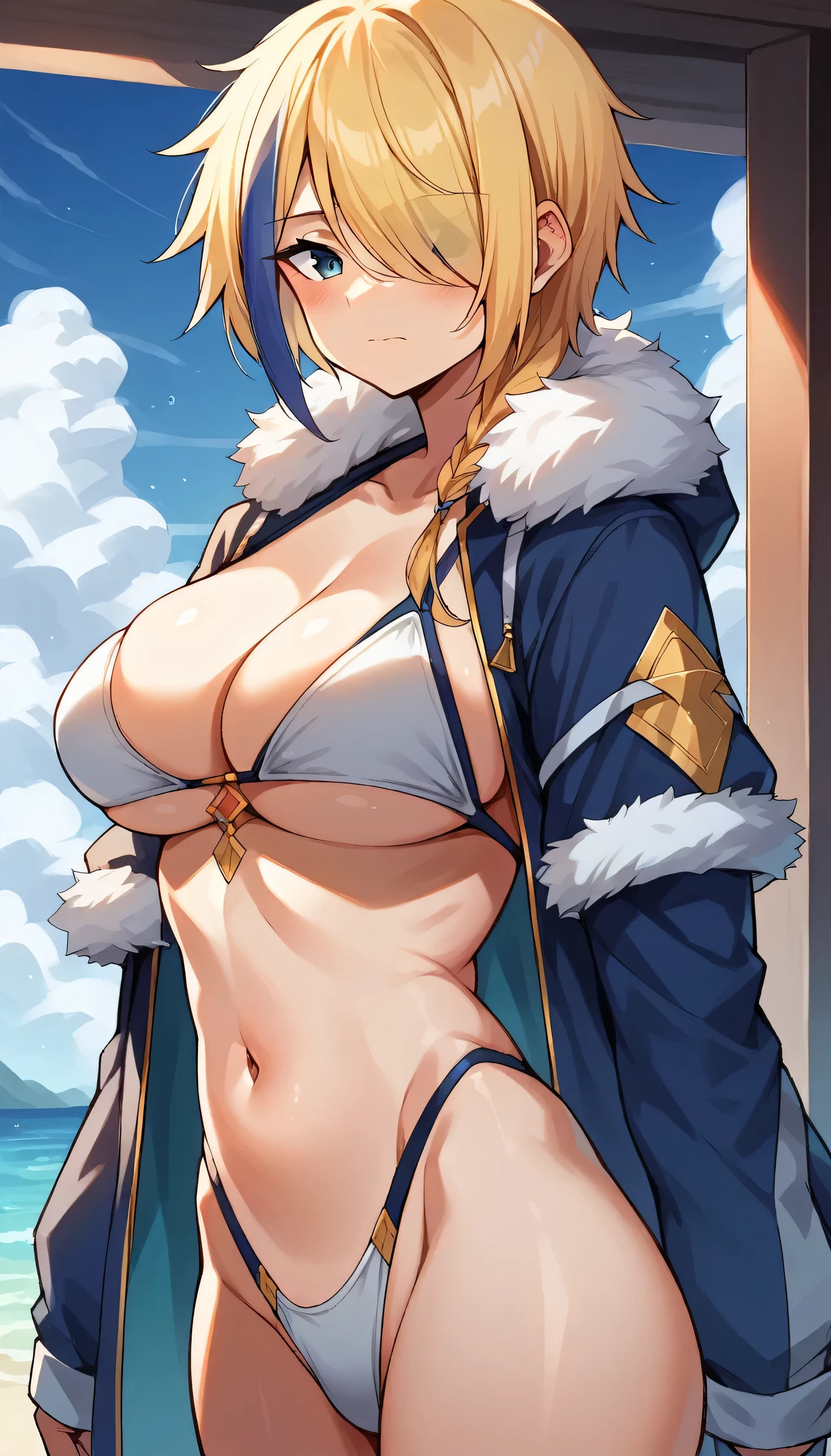 (lactation through clothes:1.1),nipples standing,(nipples peek:1.4),((Big Breasts:1.2 Puffy Nipples、Nipples are visible:1.5)、Tabletop, Highest quality, High resolution,Berserker 2, Flag pattern suit, One Girl, alone,  Long Hair, sword, Sky Porn, Open your mouth, smile, View your viewers, blue sky, Day, cloud, Holding, Ocean, Belt Bag,