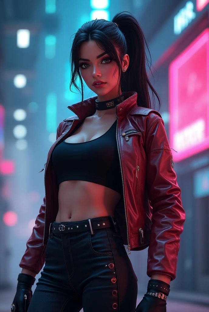 Jenna Ortega look like cyberpunk model of assasin in leather jacket, higheels, flamethrower fire, and tesla gun lightnings