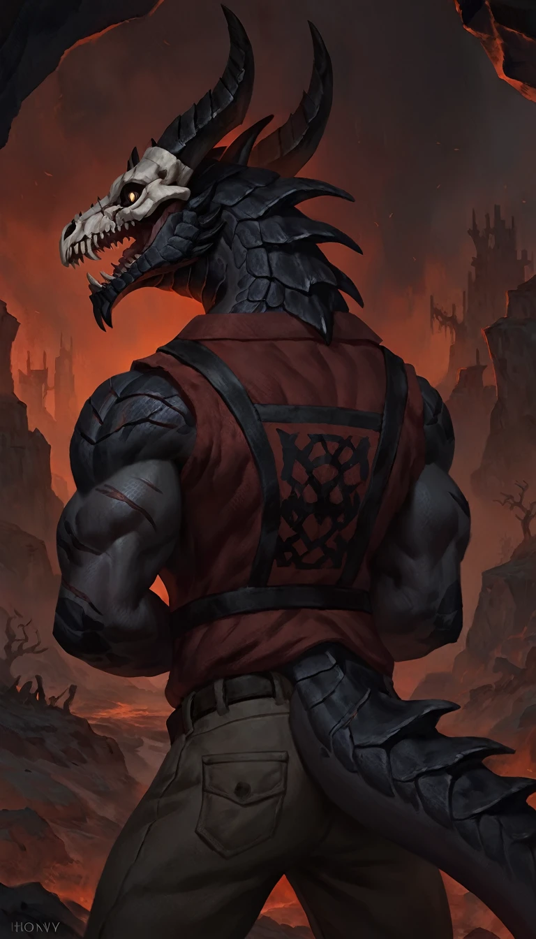 dragon like anthro lizard, hands behind back, anthro dragon, solo, portrait, scaly, detailed scales, experienced predator, dragonic, monster, mercenary, grin, open mouth, black scaly body, matte body, toned, muscular anthro, big muscles, big horns, wearing vest and pants, wearing red shirt, detailed scales, scars on body, 1male solo, anthro, muscular, thick neck, thick tail, skull head, marked jaw, Helltaker style, underground cave city background, darkness, horror, best quality, 4k, ultra-detailed, by laobai, by taran fiddler, by honovy