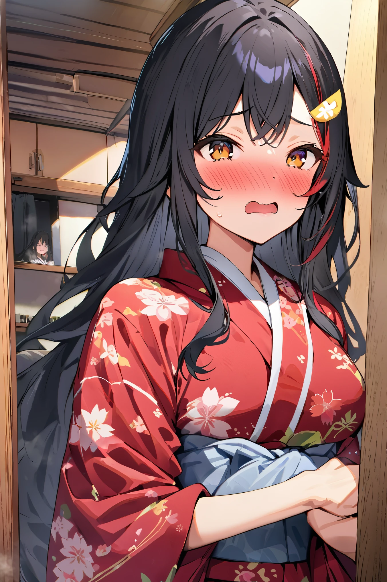 NSFW ((topless))++　Completely naked　　 Nezuko Kamado, Black Hair, (amount:1.5), Hair Ribbon, Long Hair, Multicolored Hair, (Pink Eyes:1.5), Orange Hair, Elongated pupils, Wavy Hair, Two-tone hair, break asa no ha (pattern), checkered sash, Haori, kimono, kimono, Long sleeve, heart, pink kimono, sash, wariza, Wide sleeves, break looking at viewer, break indoors, break (masterpiece:1.2), Highest quality, High resolution, unity 8k wallpaper, (shape:0.8), (Beautiful attention to detail:1.6), Highly detailed face, Perfect lighting, Extremely detailed CG, (Perfect hands, Perfect Anatomy),