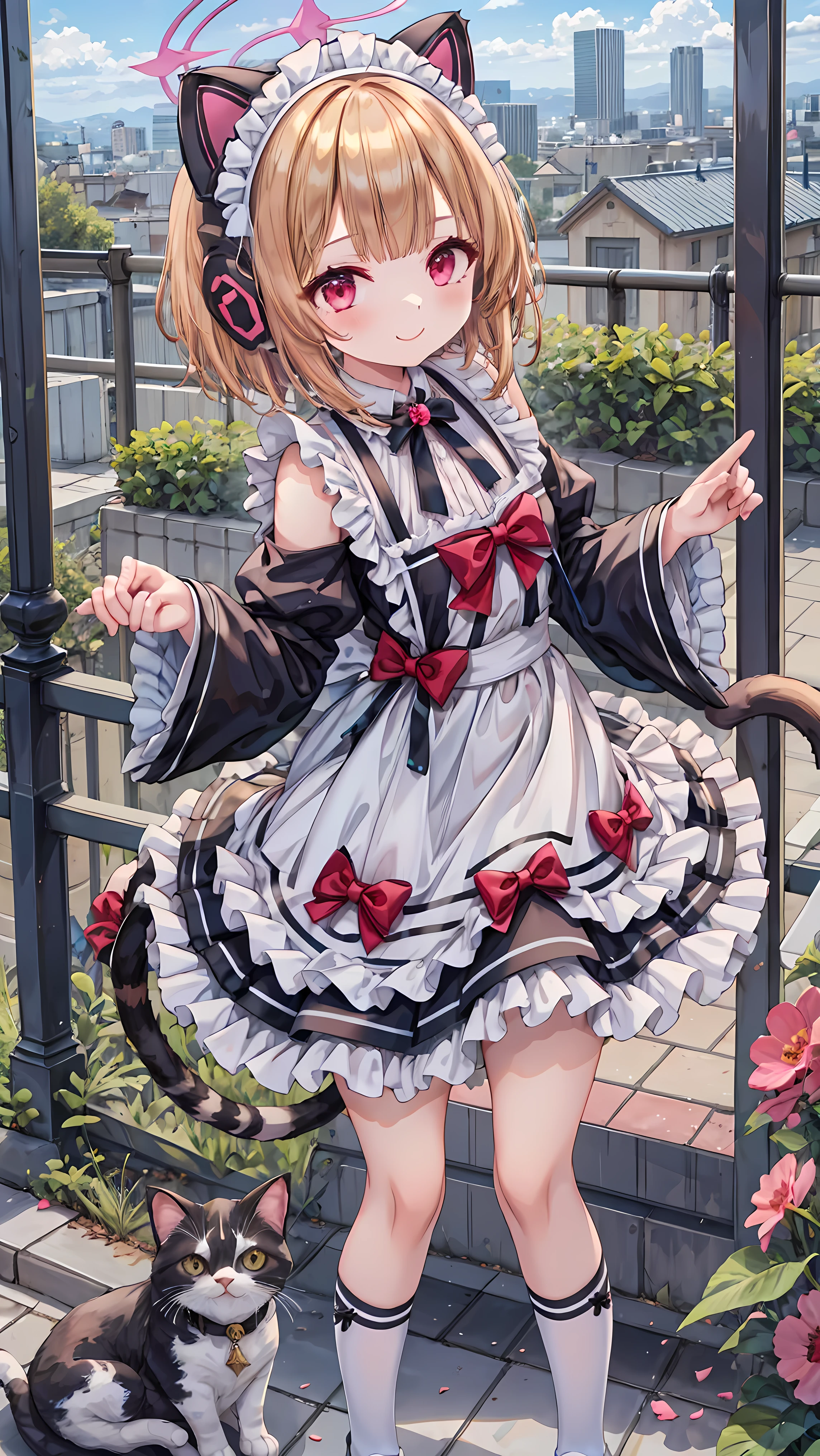 best quality, quality, masterpiece,  1 girl, Alone, Momoi, Momoi (blue archive), Brown Hair, cat headphones , smile,  is standing,  short hair ,  straight hair,  short bang,  watching viewers , smile, Black and white dress,Lolita Dress, Maid costume, Shiny Dress, bow, apron, frills,  puff sleeve,  hair ornament ,  White thighs,  white long socks,  is standing,  outdoor  