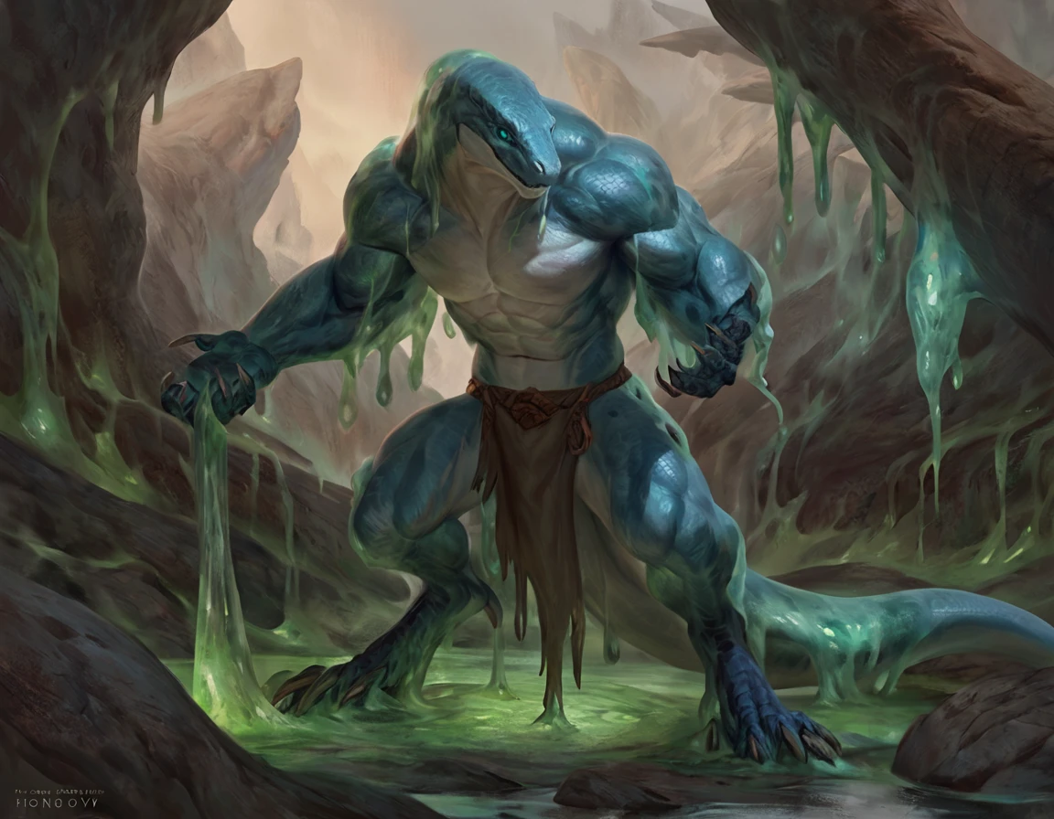 Muscular slime monster lizardfolk, slime mage, comicbook style, best quality, 4k, ultra-detailed, by laobai, by taran fiddler, by honovy