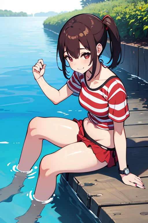 1 woman, Cute Japanese,happy, sitting on the edge of a pool wearing :  a red and black striped t-shirt ,  a red bikini and a digital watch