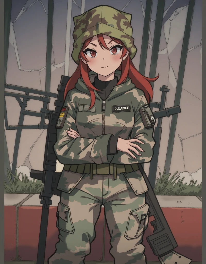 anime girl Hides his face under a camouflage balaclava,with a camouflage jacket, camouflage balaclava, tactical gloves, camouflage pants and army boots.