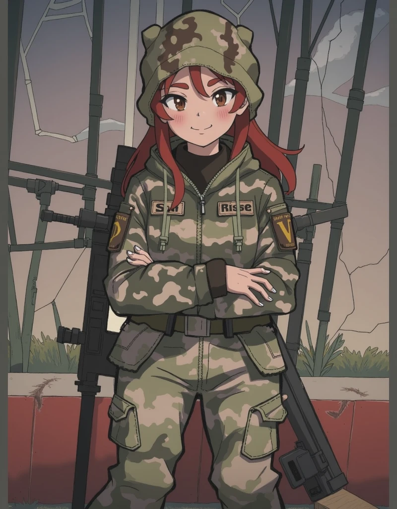 anime girl Hides his face under a camouflage balaclava,with a camouflage jacket, camouflage balaclava, tactical gloves, camouflage pants and army boots.