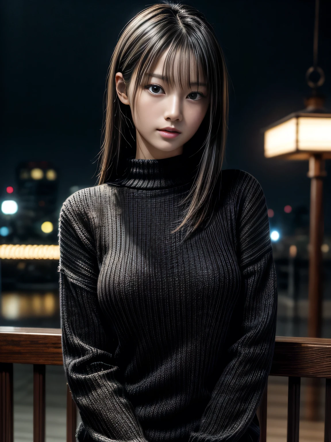 masterpiece、1 beautiful girl、Detailed eyes、Puffy eyes、highest quality, 超A high resolution, (Reality: 1.4), Cinema Lighting、Asian Beauty、Korean、Super Beauty、Beautiful Skin、Slender、Body facing forward、(Surreal)、(High resolution)、(8k)、(Very detailed)、(Beautiful and detailed eyes)、(Ultra-detailed)、 (wall-)、Detailed face、Bright lighting、Professional Lighting、View your viewers、Look straight ahead、black knitwear、Diagonal bangs、Night Scenery、Brown Hair、19 years old、expensive,