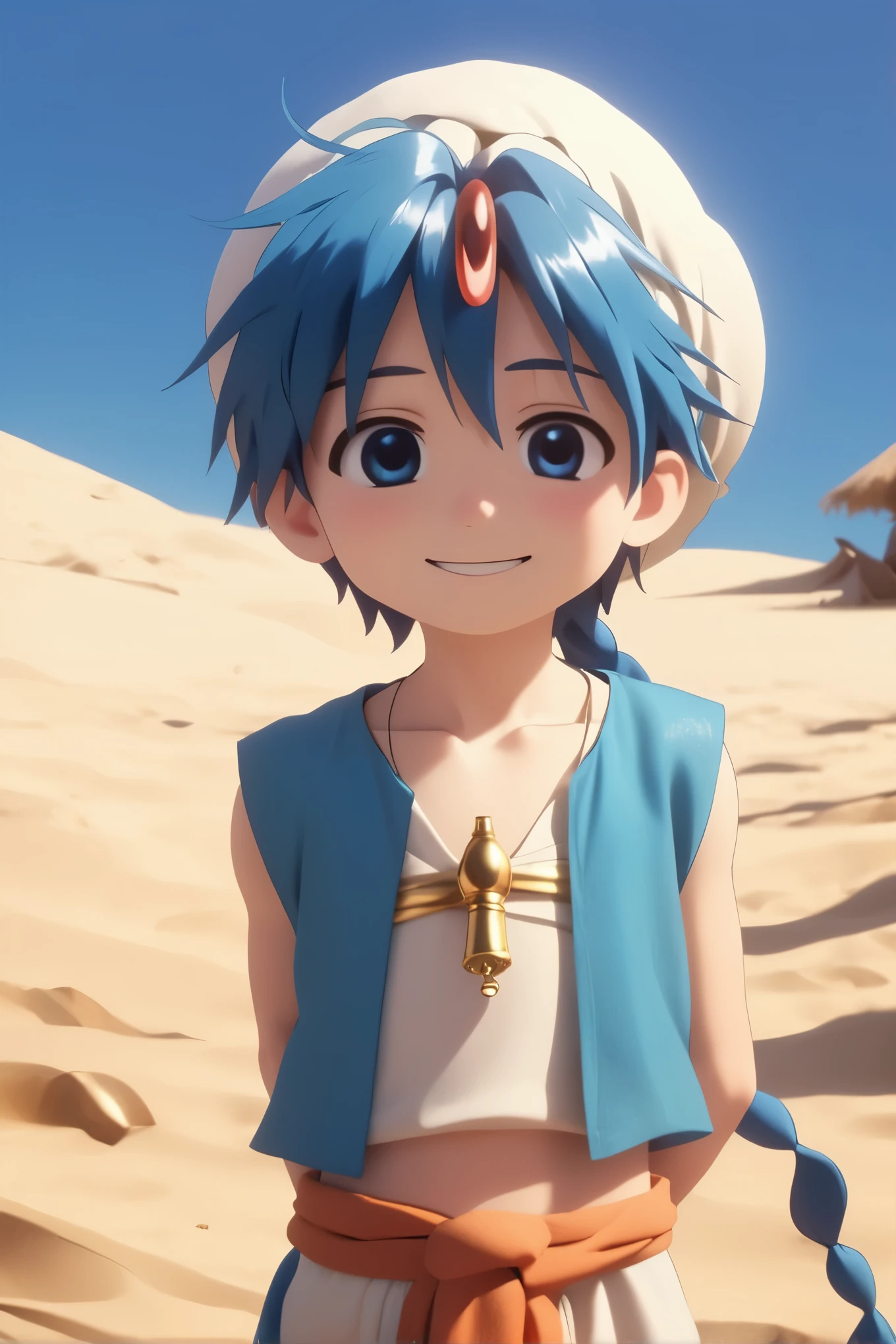 A magical boy _ Aladdin standing alone in a deserted and sandy city. He has short blue hair with a single braid , using a turban, He is smiling,  and wearing a flute as a pendant around his neck and wears a blue vest .
In the background,  a bright blue sky is visible ,  is also visible barefoot with his feet in the sand .
 The soft lighting and detailed surroundings create an immersive environment where the imagination runs wild
hyper-detailed, hyperdetailed face, high quality visuals, dim, sharp focus,  Octane rendering , 8K UHD
