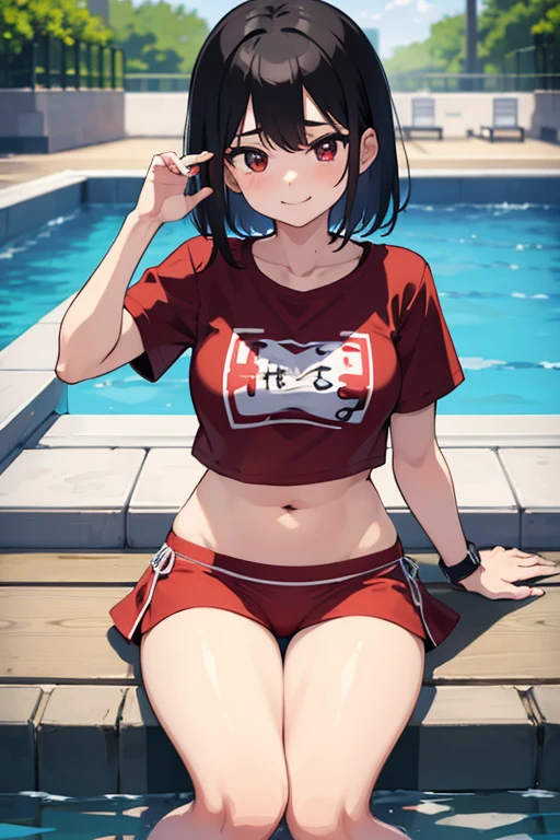 1 woman, Cute Japanese,happy, sitting on the edge of a pool wearing : a red t-shirt with vertical black stripes,  a red bikini and a digital watch. Looking at the Viewer