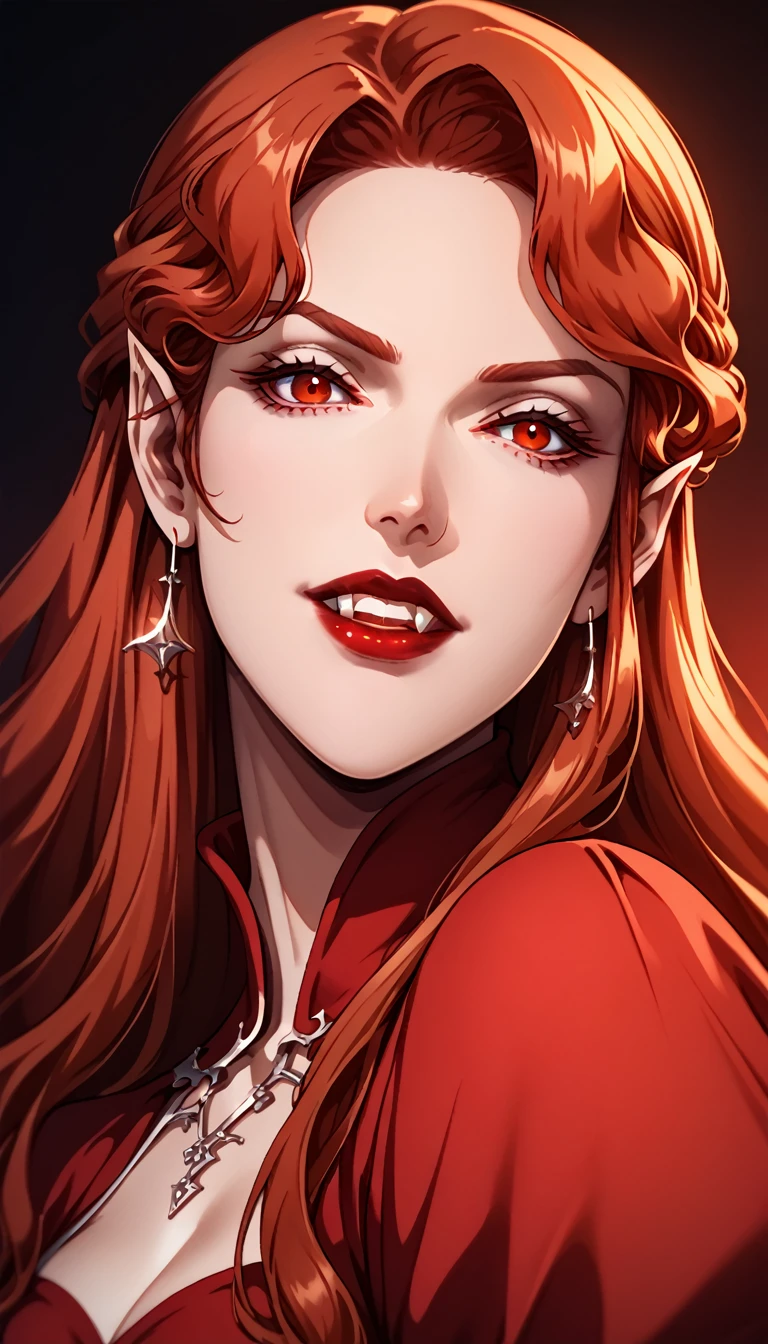 masterpiece,  of high quality, 
 cartoon style, anime ,   vibrant colors   ,    Light-Dark Lighting   ,       cannabis-themed    ,
1 woman,   detail inspired by the vampire Lenore    (   from Castlevania Netflix    )
long   red hair,   red hair,    Red Eyes   ,
(((half body portrait, close-up,  red dress , deep neckline,  Red Eyes detalhados, Detailed face, Teeth, red lipstick)))
dark background
