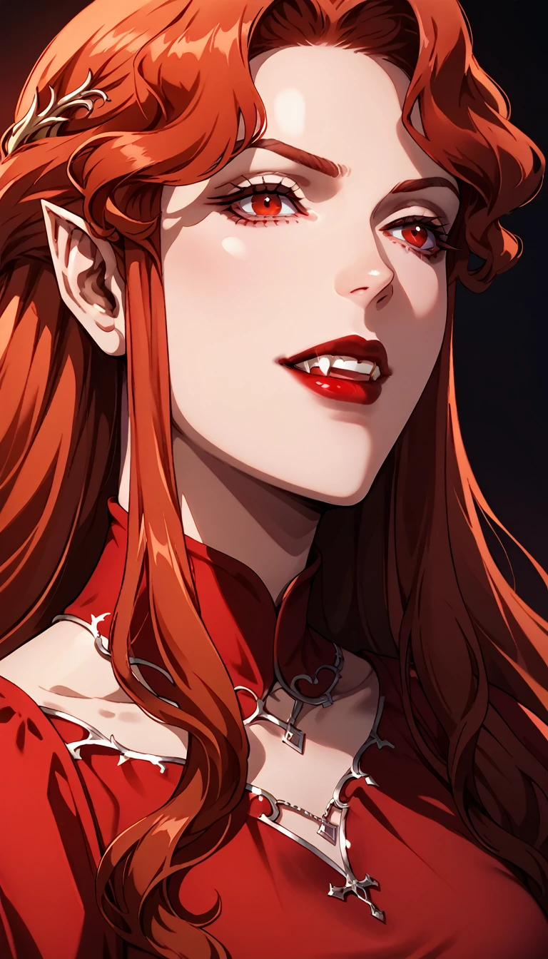 masterpiece,  of high quality, 
 cartoon style, anime ,   vibrant colors   ,    Light-Dark Lighting   ,       cannabis-themed    ,
1 woman,   detail inspired by the vampire Lenore    (   from Castlevania Netflix    )
long   red hair,   red hair,    Red Eyes   ,
(((half body portrait, close-up,  red dress , deep neckline,  Red Eyes detalhados, Detailed face, Teeth, red lipstick)))
dark background
