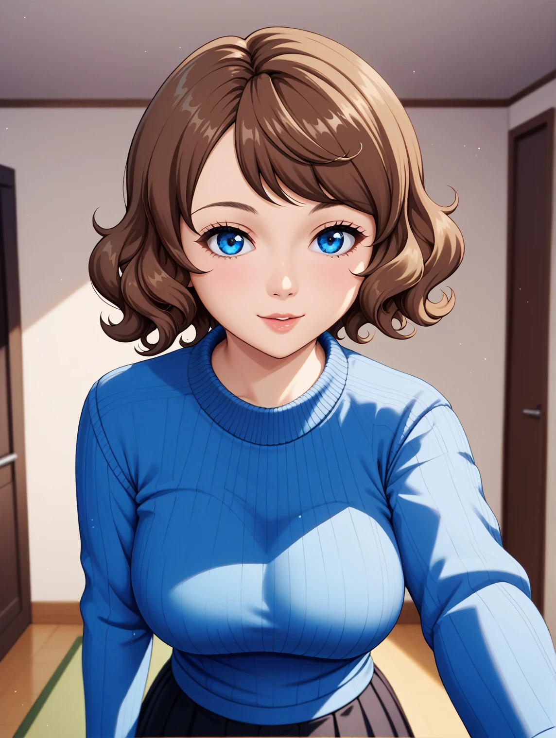 {{Artist: rakeemspoon}} 1 girl, brown hair, short hair, wavy hair, straight hair, blue eyes, blue sweater, black skirt, looking at viewer, pov, upper body.