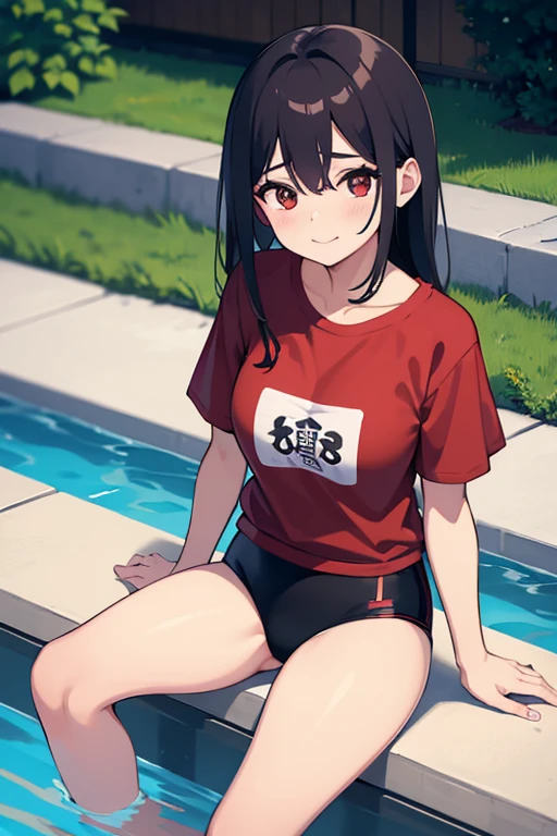 1 woman, Cute Japanese,happy, sitting on the edge of a pool wearing : a red t-shirt with vertical black stripes,Red panties and a digital watch. Looking at the Viewer