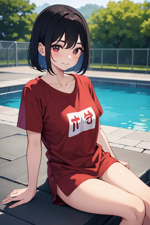 1 woman, Cute Japanese,happy, sitting on the edge of a pool wearing : a red t-shirt with vertical black stripes,Red panties and a digital watch. Looking at the Viewer