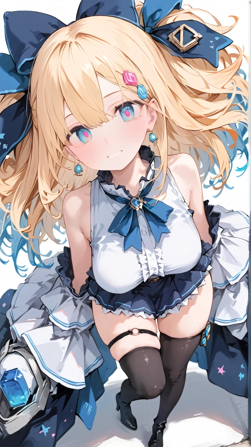 (masterpiece, best quality:1.2), 1girl, solo, blond hair, blue hairband, blue hair ribbon on the left, white-blue bra, black gloves, knight skirt, Solid color background