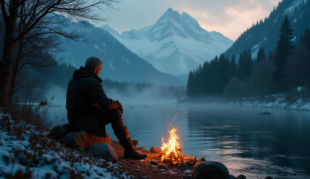 masterpiece,  best quality,  photorealistic, raw photo, winter ,

atmospheric perspective, from below, 

geralt of rivia witcher, sitting on a rock next to a fire in the middle of a forest, loneliness, sadness, sorrow, detailed face ,  detailed eyes ,

 River in the background the mountain ,  haze lighting , 