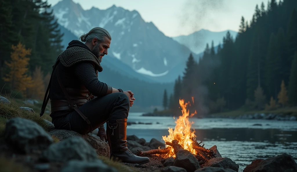 masterpiece,  best quality,  photorealistic, raw photo, winter ,

atmospheric perspective, from below, 

geralt of rivia witcher, sitting on a rock next to a fire in the middle of a forest, loneliness, sadness, sorrow, detailed face ,  detailed eyes ,

 River in the background the mountain ,  haze lighting , 