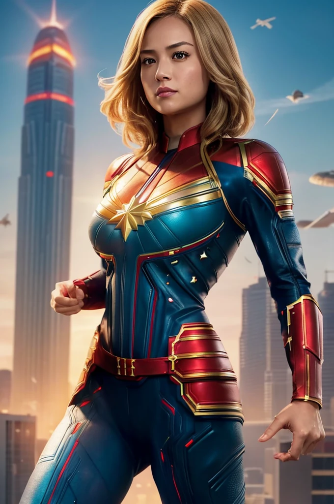 (High range:1.2), sexy woman, 1 woman, Japanese actress, Haruka Ayase,  she plays Captain Marvel ,  Marvel comics heroine , 体からはみ出すくらい大きなchest, (chest:1.9), 硬くて勃起したNipples,(Nipples:1.5), A tight waist with abs , Round and big buttocks ,  egg-shaped smooth face line ,, Beautiful light brown eyes,  Captain Marvel costume , Red Cape, Tiara Dourada ,  more than a word, Sparkling Eyes, Strong posture,  sunlit cityscape , Shining Skyscrapers, Bustling metropolis,  Captain Marvel costume , Red cape flutters on her back , 大きいchestを突き出し自らの強さをポーズで表す,  fly towards the sun ,  city under your protection ,  bright colors,  Realistic Lighting, Strong Shadows,  nsfw realistic style .