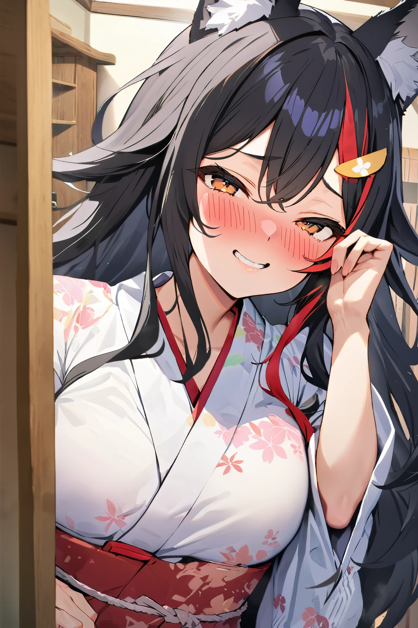 NSFW,masterpiece,Best Quality, high resolution on down, very detailed,Ogami Mio \( hololive \), very long hair,Black Hair,Wolf Ears,Hair accessories、kimono,yukata,hostel,Japanese-style room,Embarrassed,A face in love,Wisdom face,blush,Smirking face
