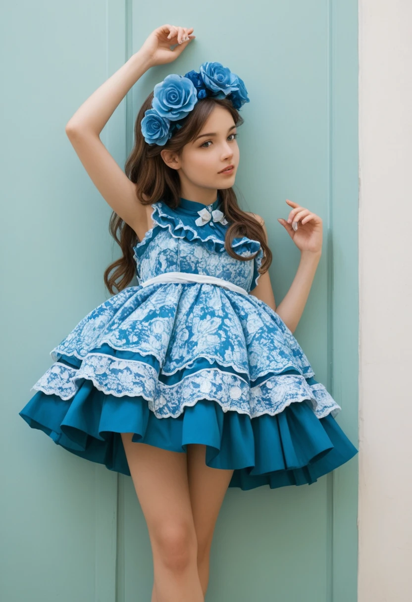 arafed girl in a  Blue dress  leaning against a green door, Change , girl in dress ,  blue dress with swirls ,  floral art nouveau dress , icey  Blue dress , sky -  Blue dress ,  rococo ruffle dress, ornate frilly dress, Change  in dress, fancy dress,  beautiful young model , in  Blue dress ,  Blue dress 