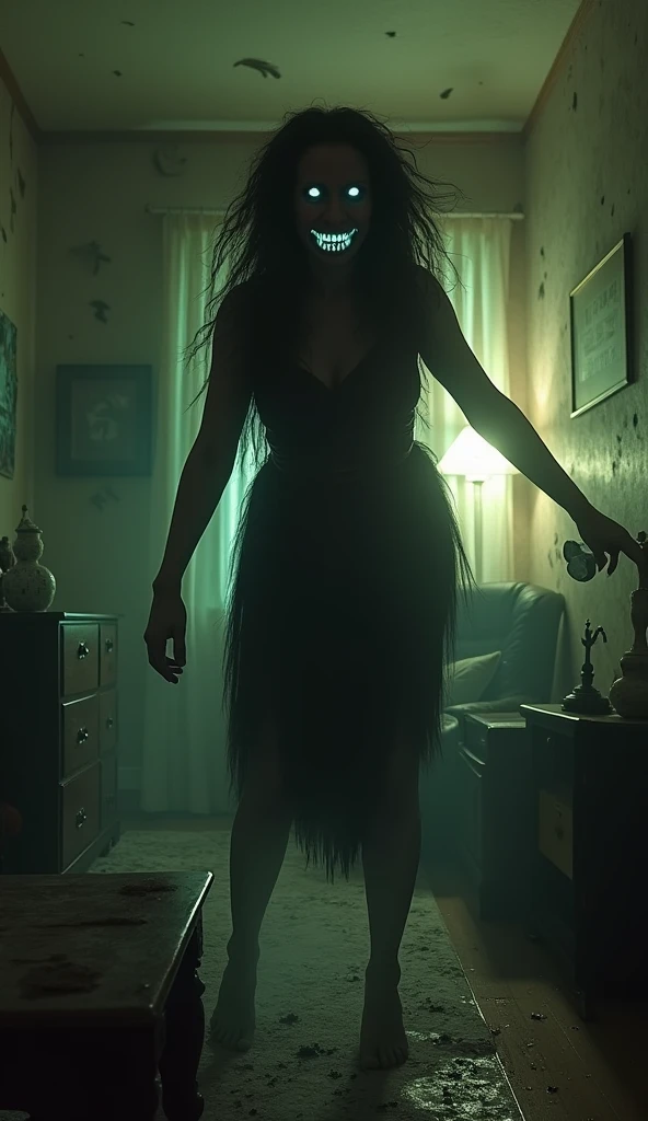 (obra maestra:1.1, mejor calidad:1.1, 16k hdr, high resolution), (1 chica en, Solo), Retrato ultrarrealista de Sadako Yamamura, el anillo, (((pelo negro, pelo largo, golpes, flequillo largo encima de los ojos,,))), medio , medio , medio cleavage, medio breasts, pezones visibles, Inside an abandoned cabin, dentro de un granero abandonado, Granjas, dark atmosphere, textura de piel realista, tiro de cuerpo completo, Estilo de cuerpo delgado perfecto, Vestido blanco, boca abajo estilo perrito, Coming through the television,