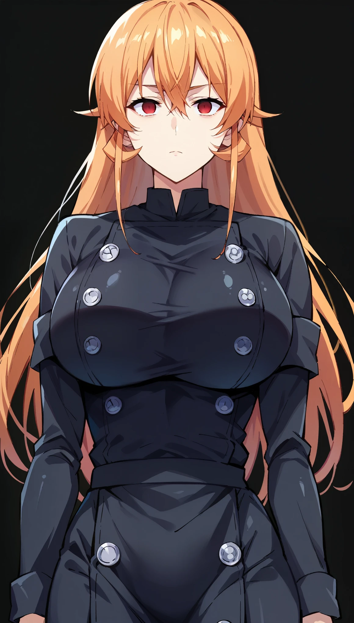 score_9, score_8_up, score_7_up, score_6_up, score_5_up, score_4_up, BREAK source_anime,1girl,erina nakiri, long hair, orange hair, hair between eyes,(Red eyes), glowing eyes,Huge breasts,((empty eyes)),Expressionless,(stand up), ((Black latex chef uniform)), cowboy shot, black background, simple background,